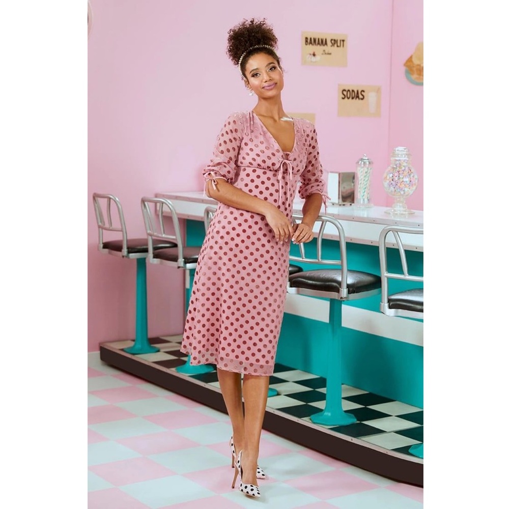 Saint Geraldine ModCloth‎ Love At First Dot Polka Dot Pinup Midi Dress, Pink - L